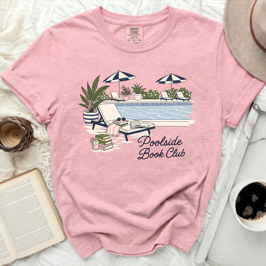Pink t-shirt with "Poolside Book Club" text and poolside illustration.