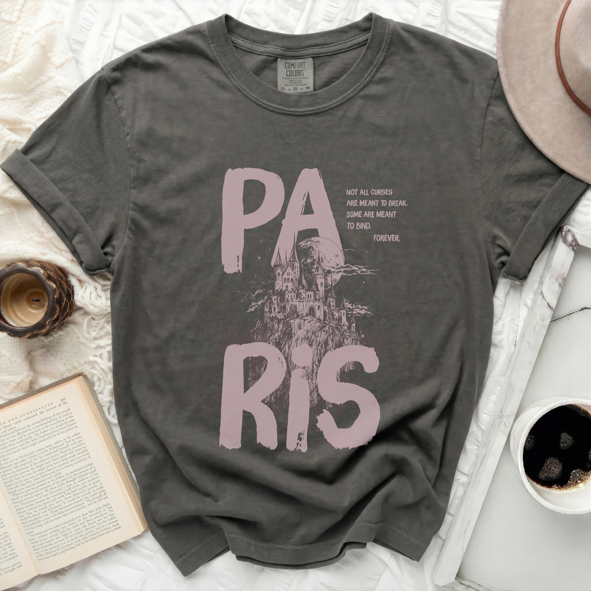 Gray t-shirt with "PARIS" text and a castle illustration.