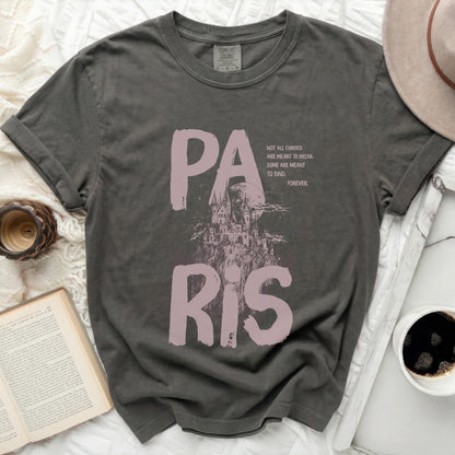 Gray t-shirt with "PARIS" text and a castle illustration.