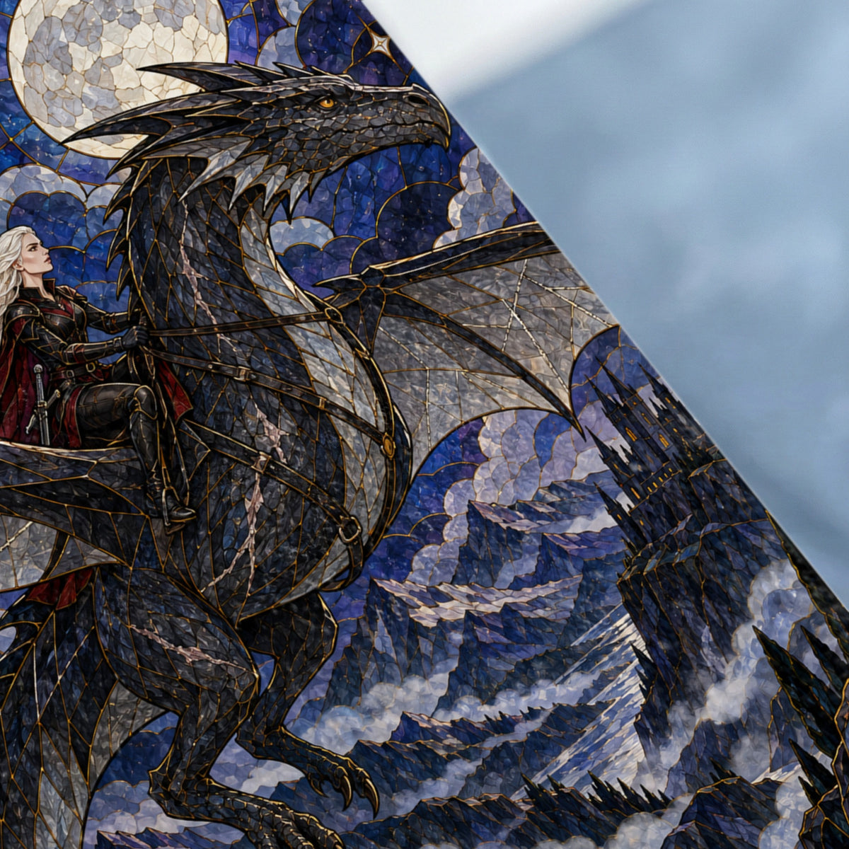 Woman riding a black dragon before a full moon and a castle.