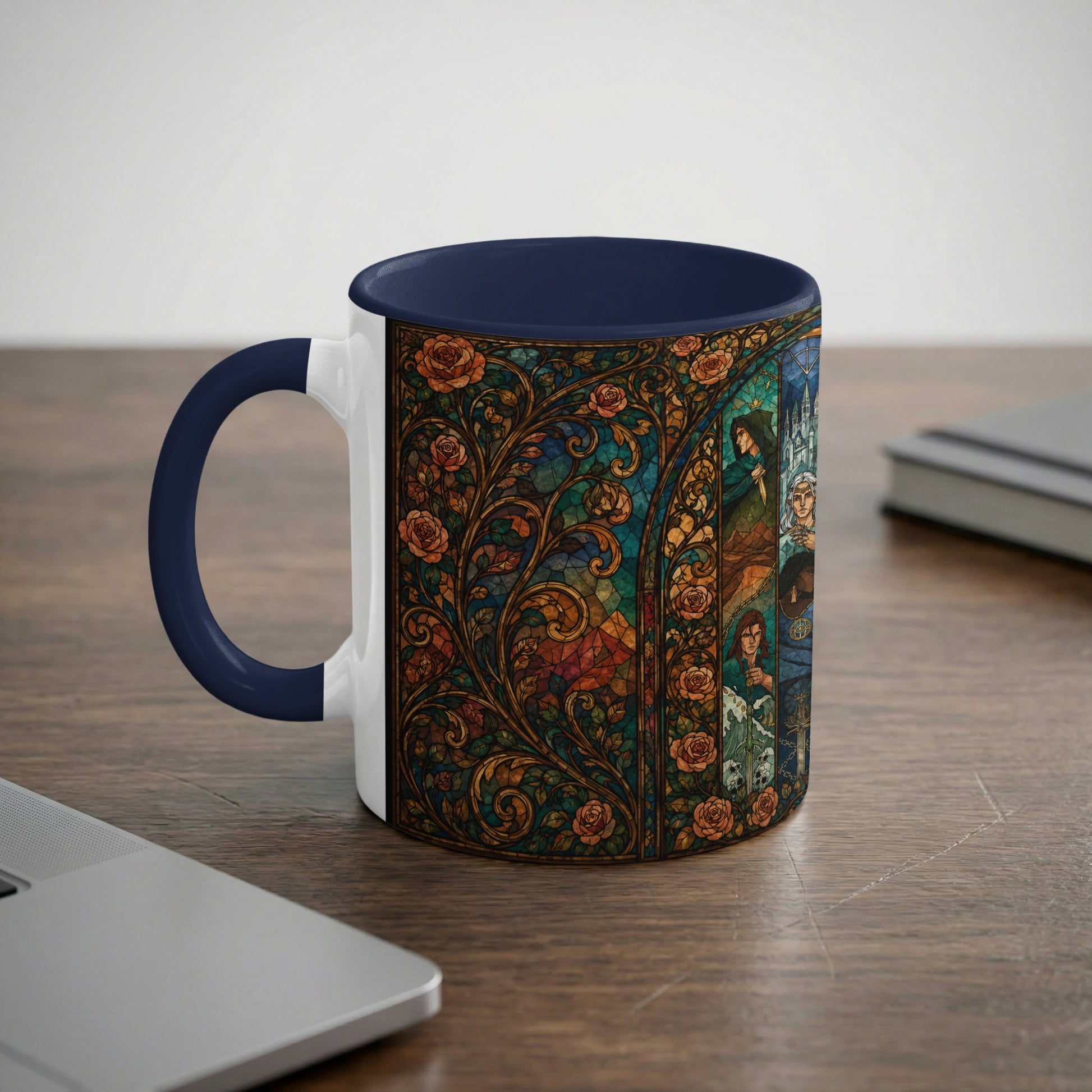 Mug with a navy handle featuring a stained-glass design with roses and figures.