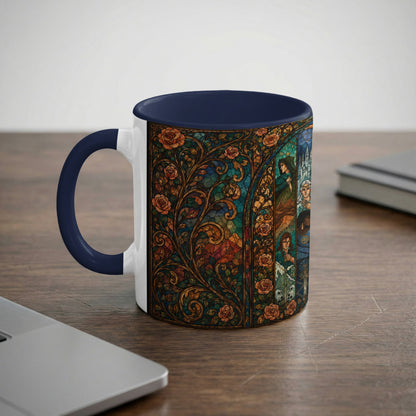 Mug with a navy handle featuring a stained-glass design with roses and figures.