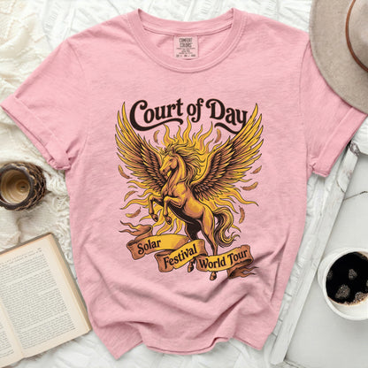 Pink t-shirt with gold Pegasus graphic and "Court of Day Solar Festival World Tour" text.