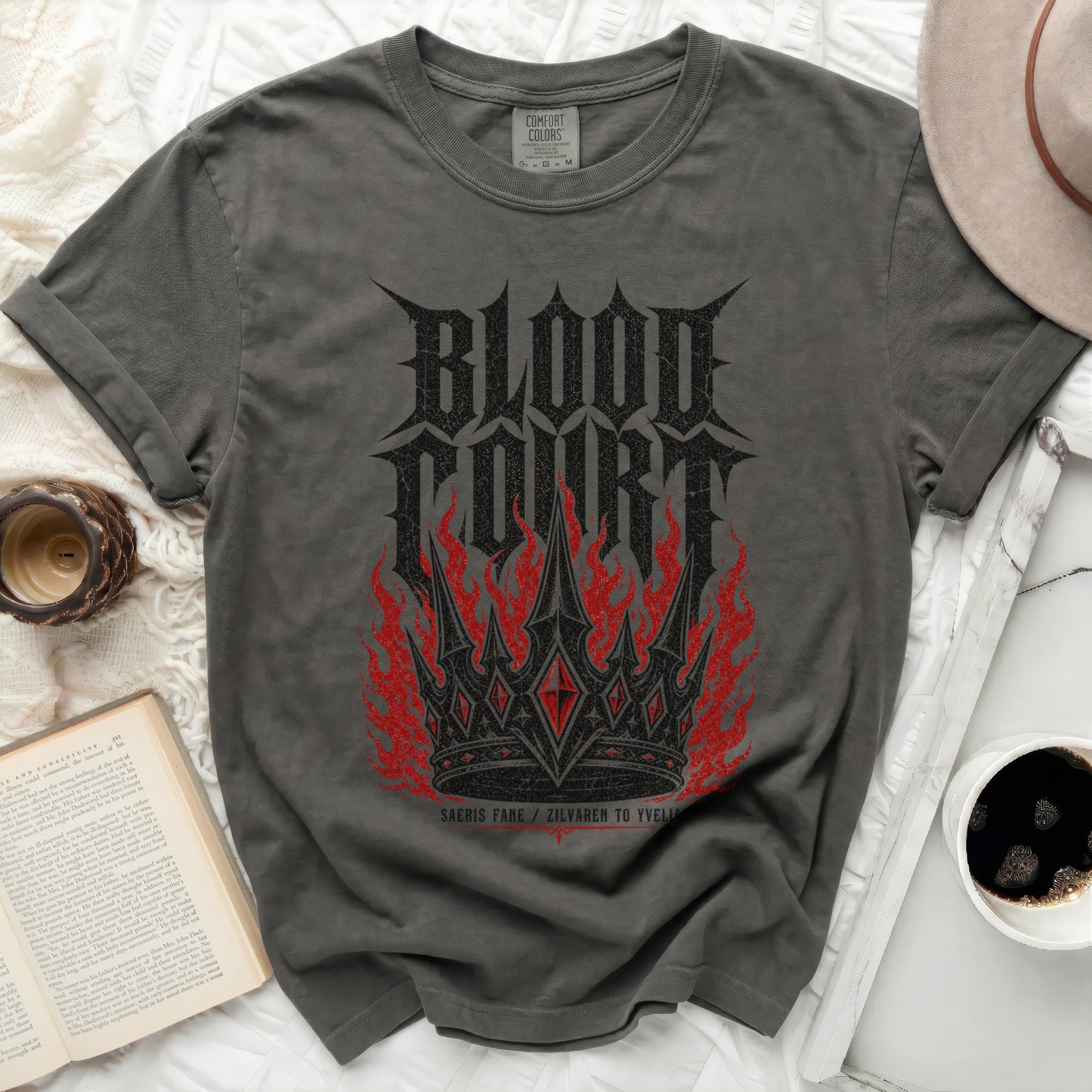 Dark grey t-shirt with "BLOOD COURT" logo and flames.