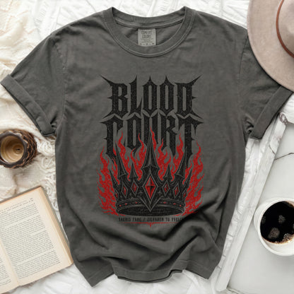 Dark grey t-shirt with "BLOOD COURT" logo and flames.