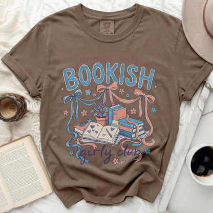 Brown t-shirt with "bookish girly club" text and book graphics.