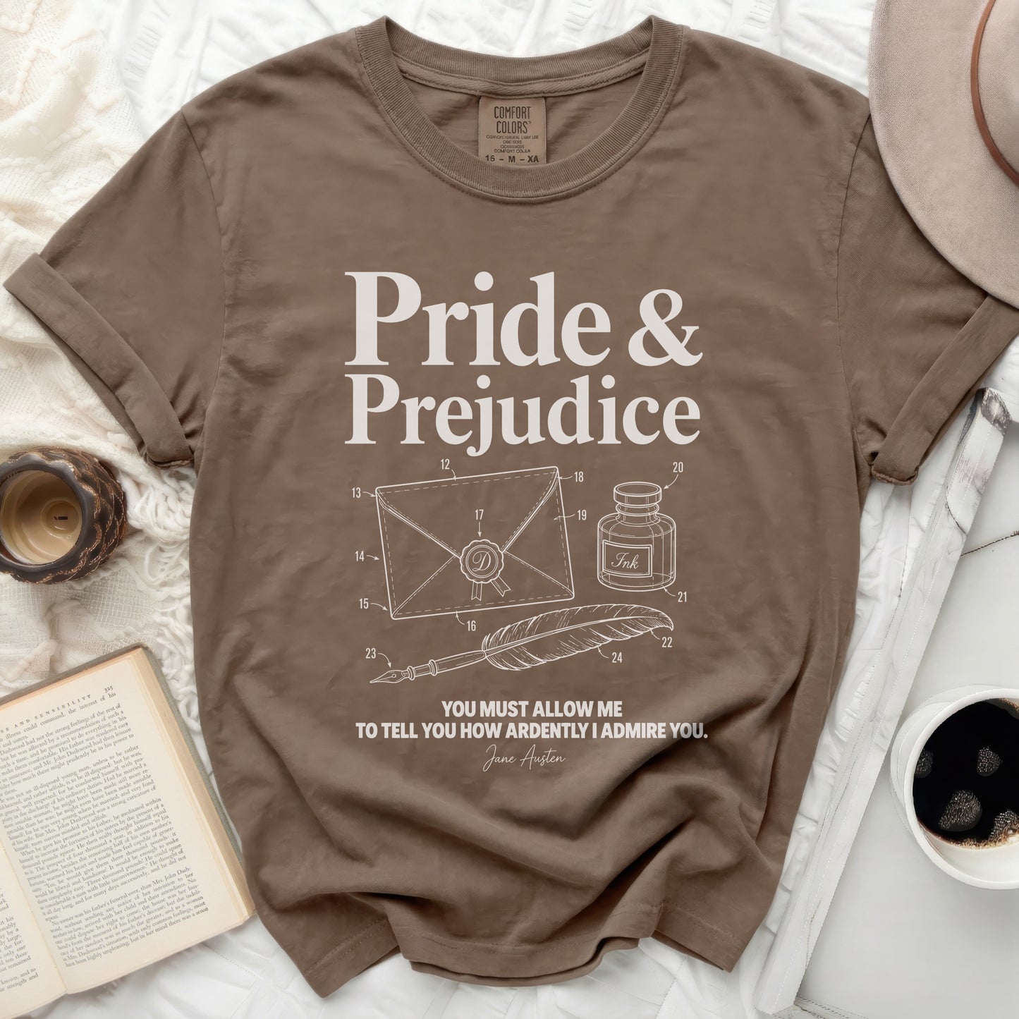 Pride & Prejudice shirt with Jane Austen quote and quill pen design.