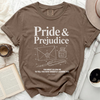 Pride & Prejudice shirt with Jane Austen quote and quill pen design.