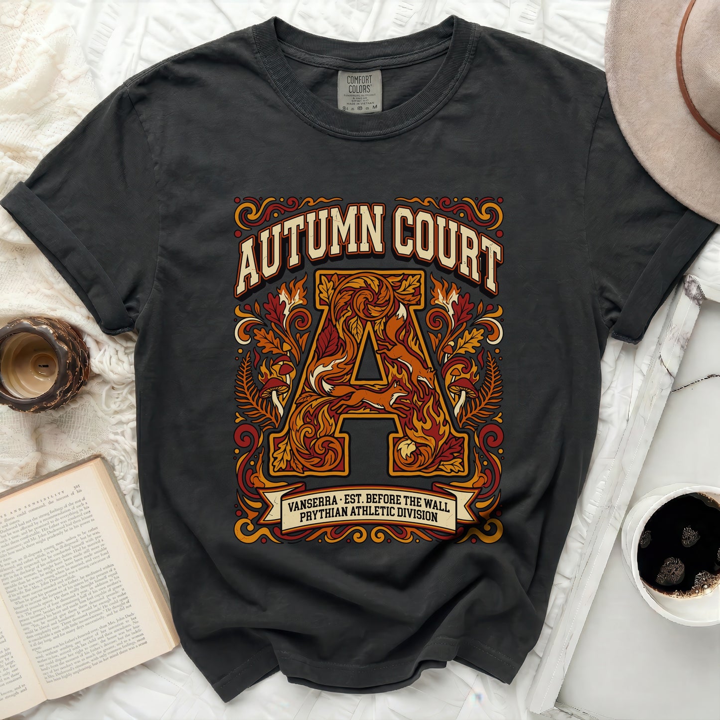 Black t-shirt with "Autumn Court" text and ornate fox graphic.