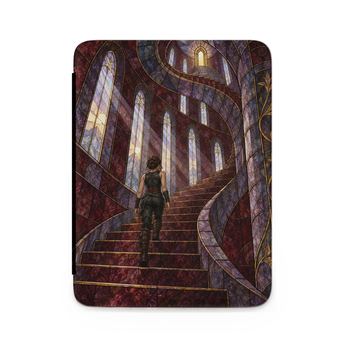 Person ascending a spiral staircase in a stained glass castle interior.
