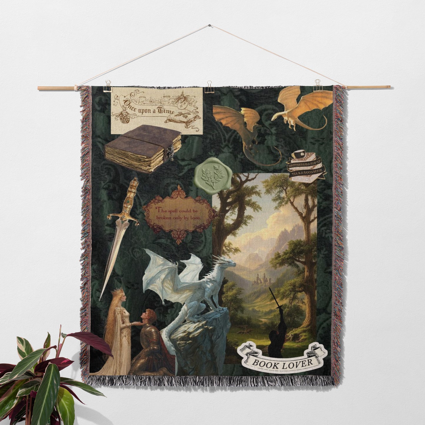 The image is a tapestry hanging on a wall, featuring various fantasy and adventure-themed elements such as a dragon, a castle, a book, and a person.