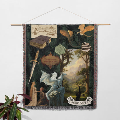 The image is a tapestry hanging on a wall, featuring various fantasy and adventure-themed elements such as a dragon, a castle, a book, and a person.