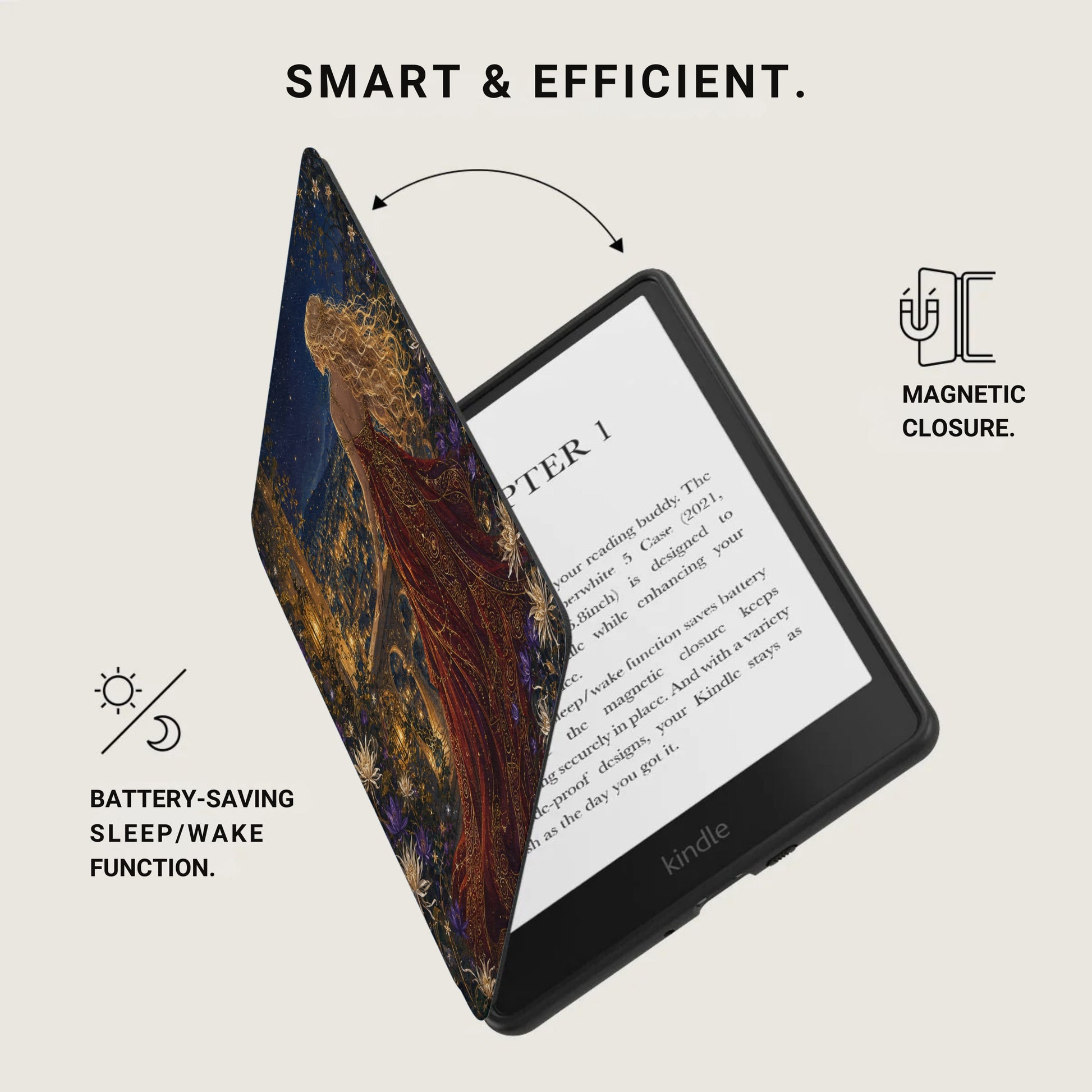 Kindle with a decorative case, showing magnetic closure and battery-saving features.