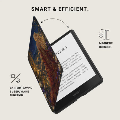 Kindle with a decorative case, showing magnetic closure and battery-saving features.