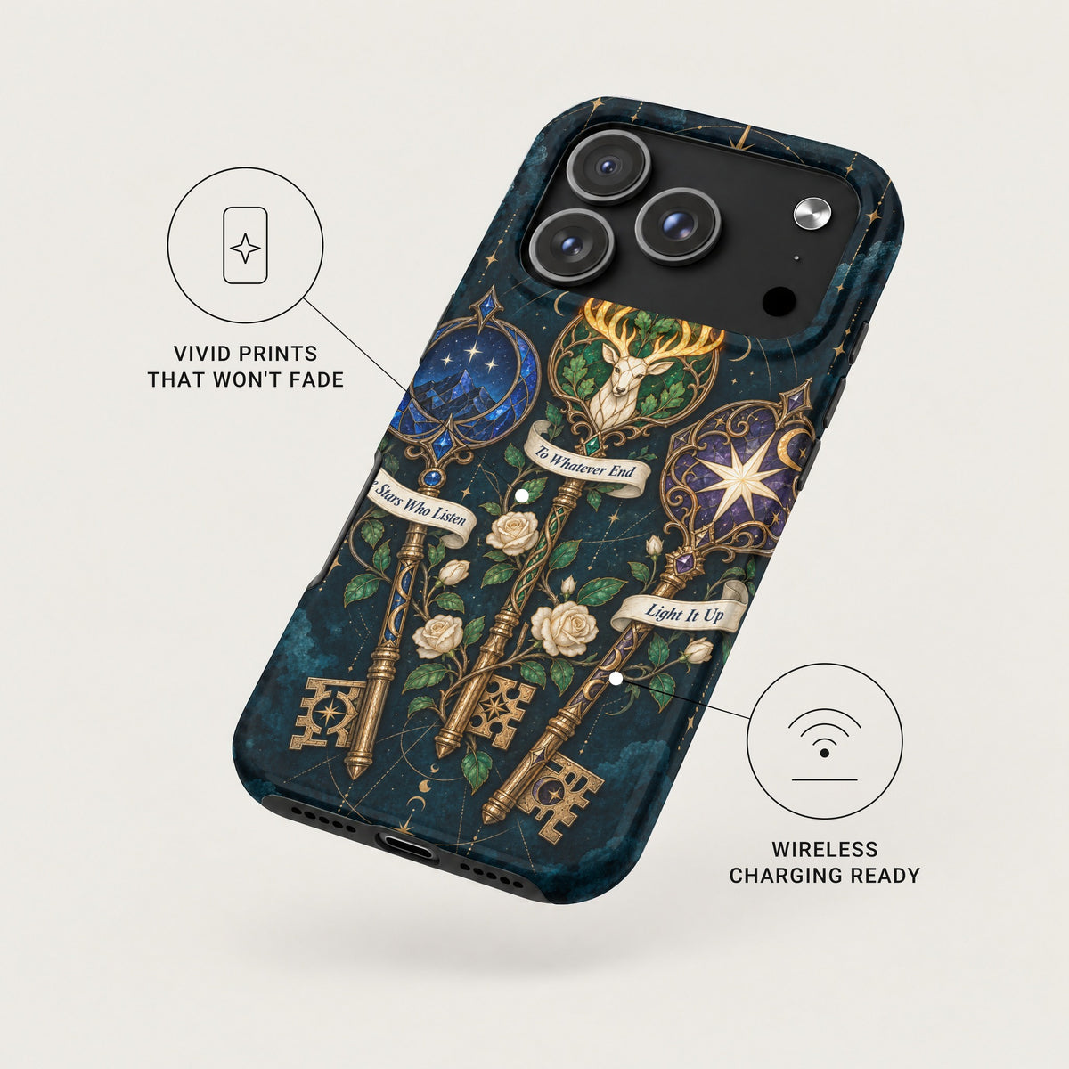 A dark fantasy smartphone case featuring ornate gold keys, white roses, and celestial banners on a deep blue background.