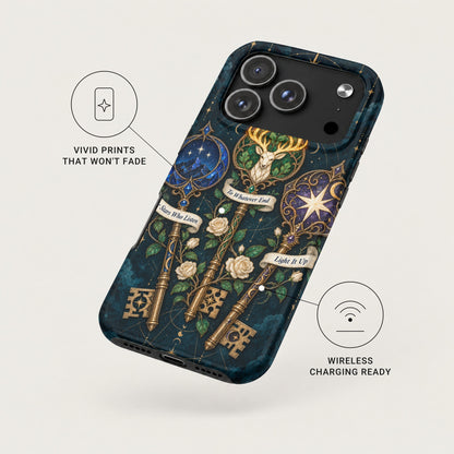 A dark fantasy smartphone case featuring ornate gold keys, white roses, and celestial banners on a deep blue background.