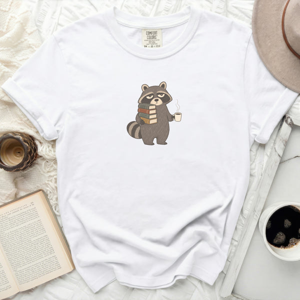 Tired Bookworm Raccoon Tee in White