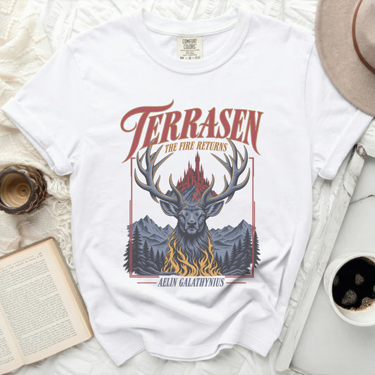 White t-shirt with "Terrasen The Fire Returns" and deer graphic.