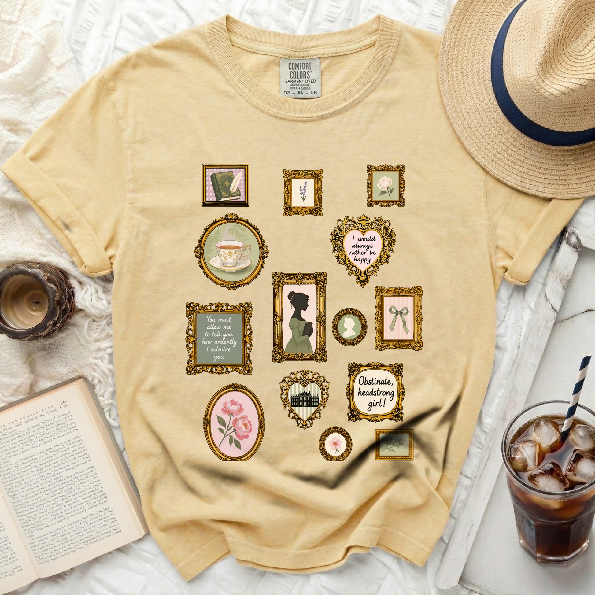 Yellow t-shirt with vintage-inspired framed illustrations and text.