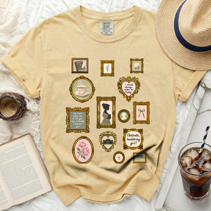 Yellow t-shirt with vintage-inspired framed illustrations and text.