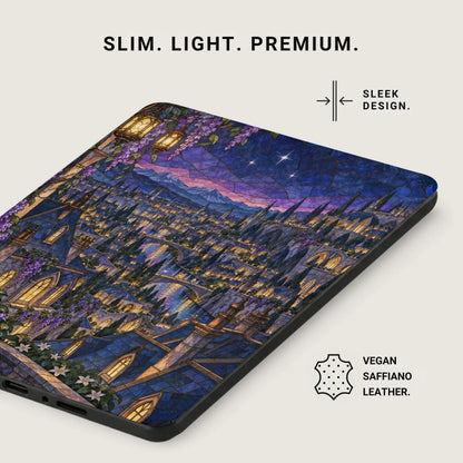 Phone case with Hogwarts-inspired stained glass castle design, vegan saffiano leather.