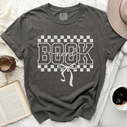 Dark gray t-shirt with "BOOK nerd" graphic and bow.