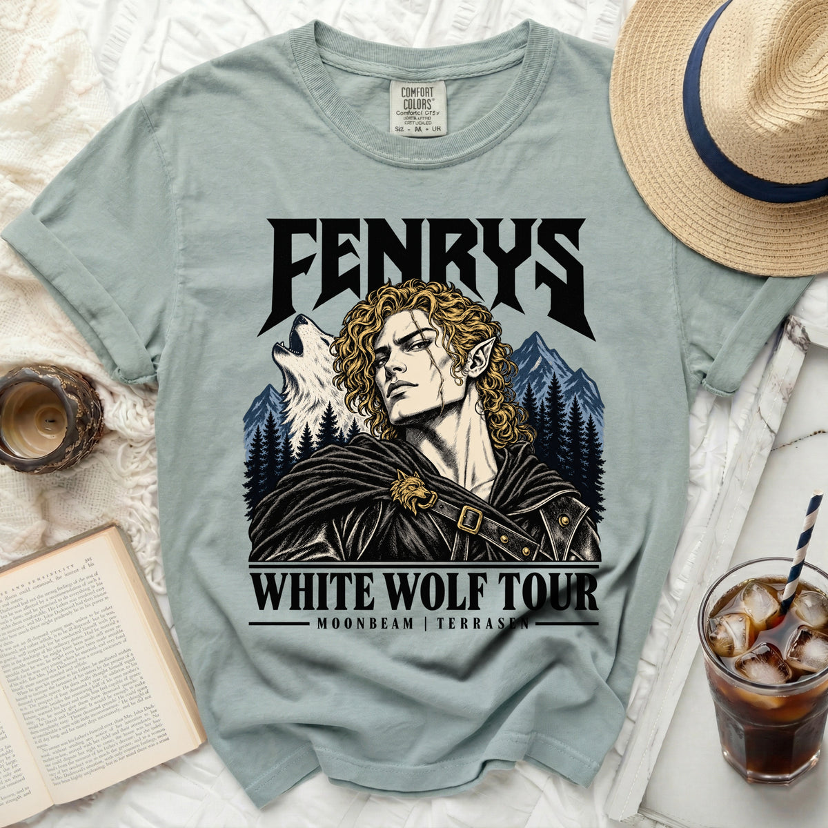 T-shirt with Fenrys White Wolf Tour graphic featuring elf, wolf, and mountains.