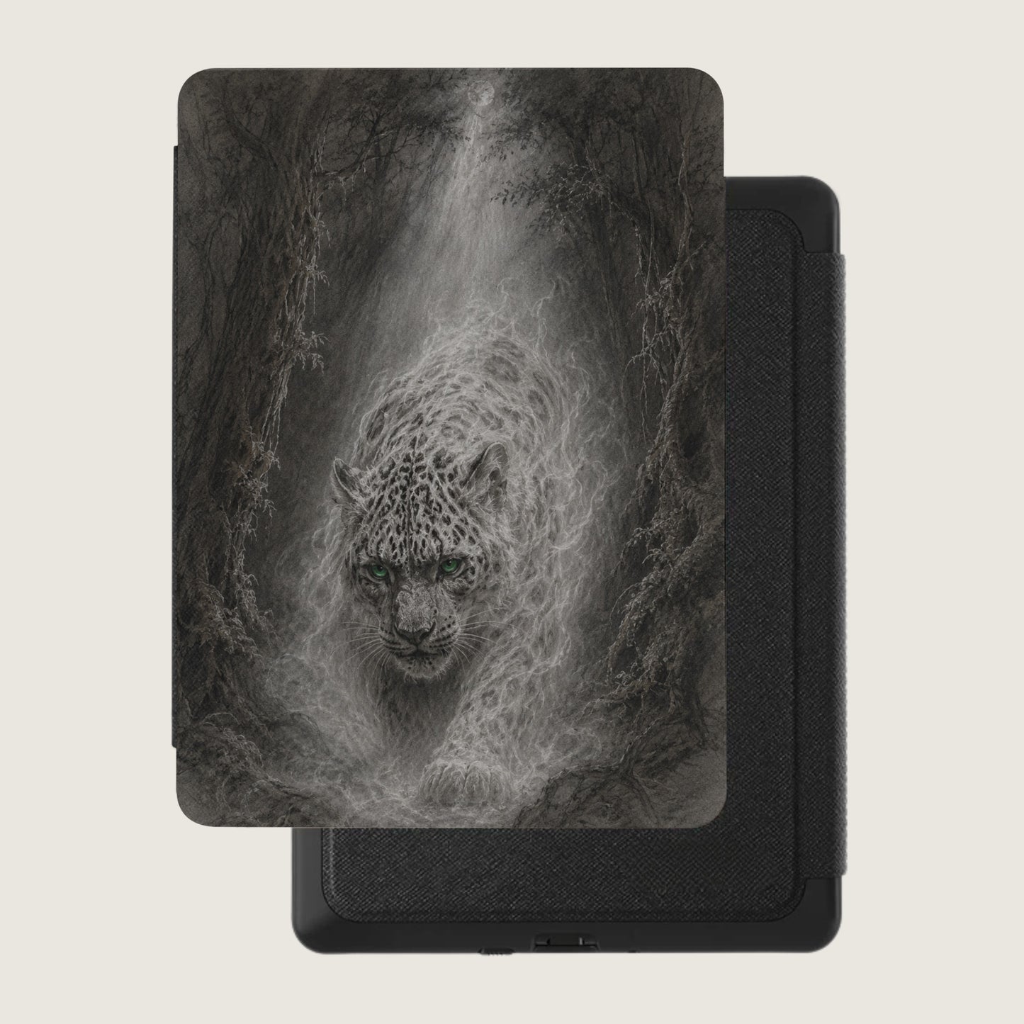 Leopard emerging from misty forest on a textured black e-reader case.