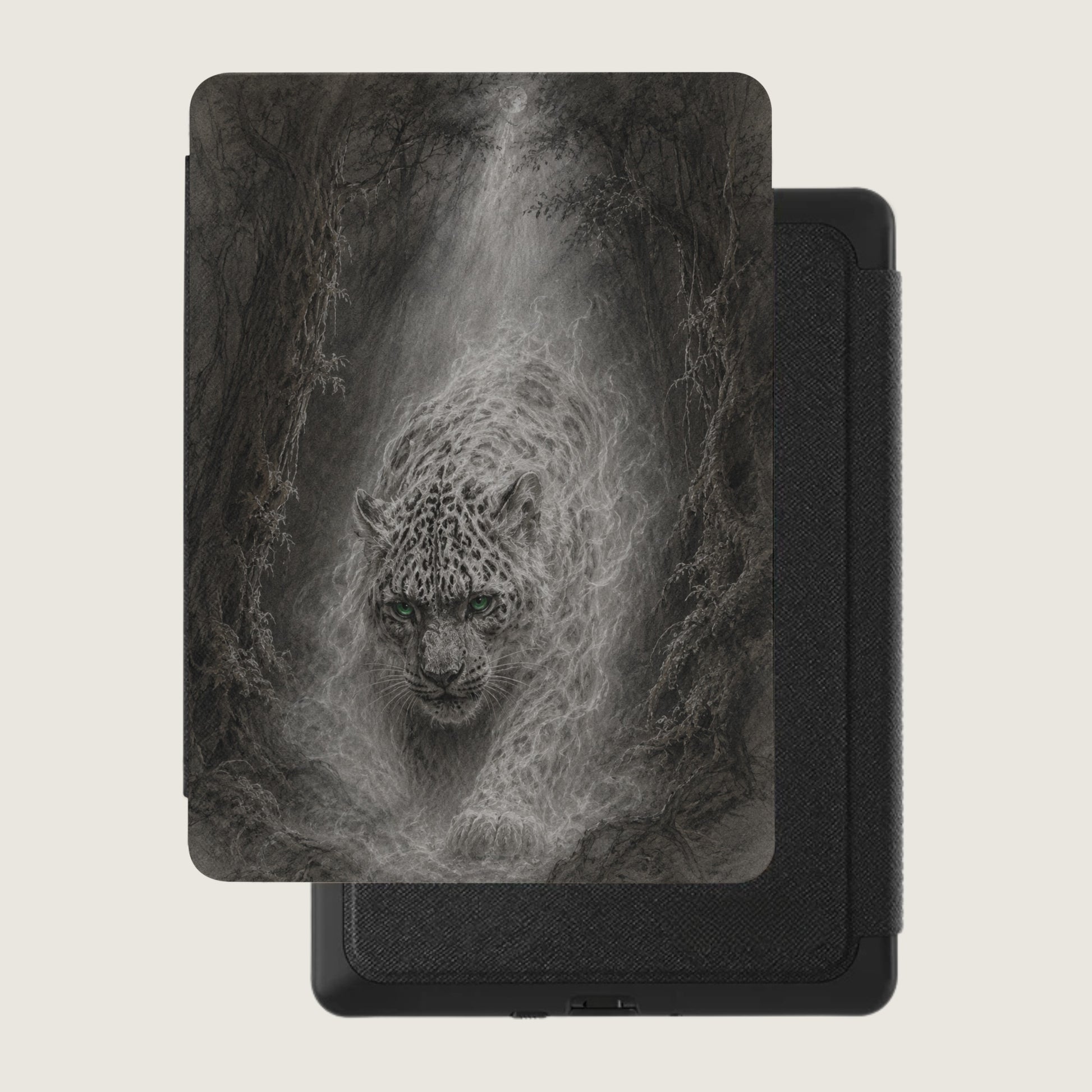 Leopard emerging from misty forest on a textured black e-reader case.
