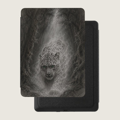Leopard emerging from misty forest on a textured black e-reader case.