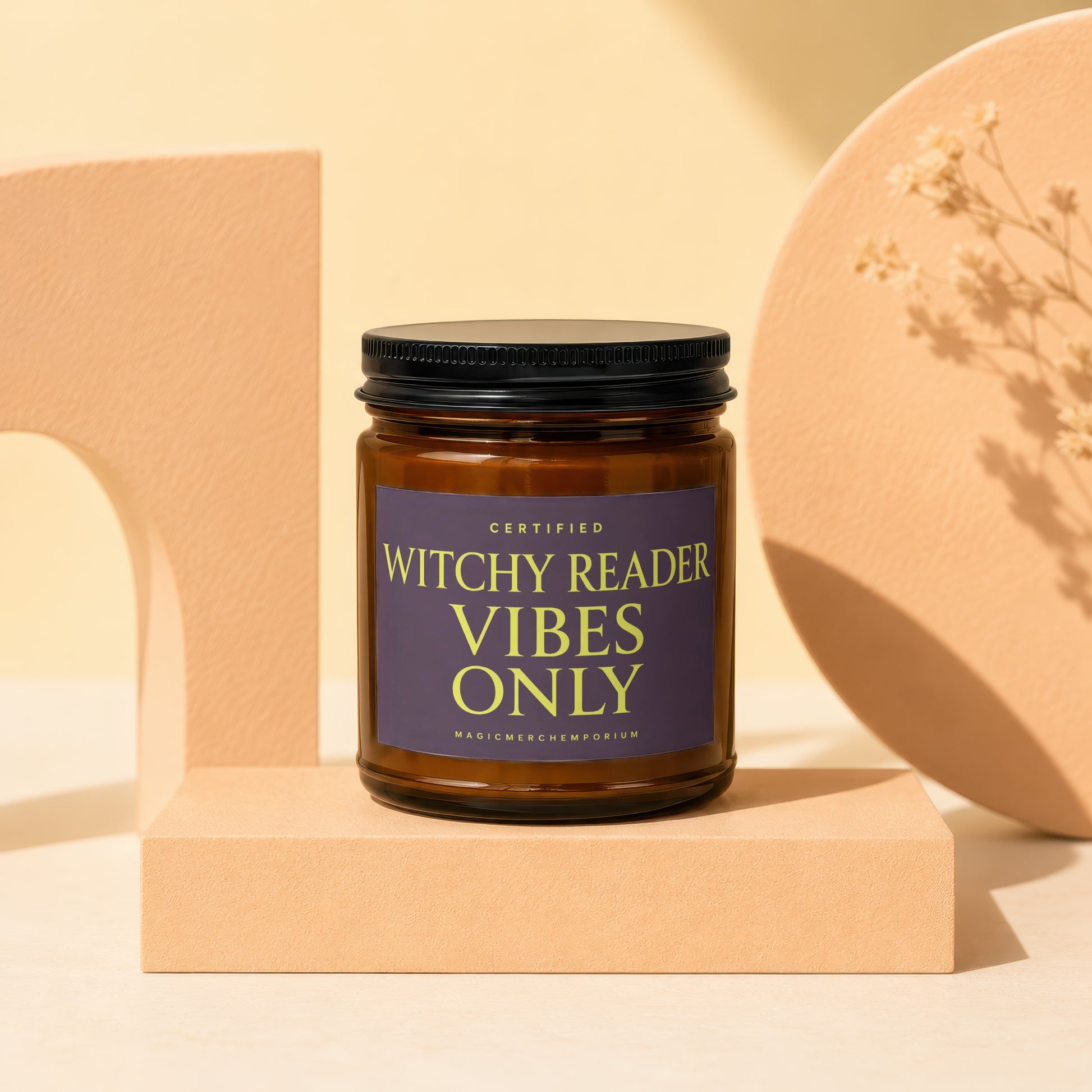 Candle with label reading "Certified Witchy Reader Vibes Only, MagicMerchEmporium".