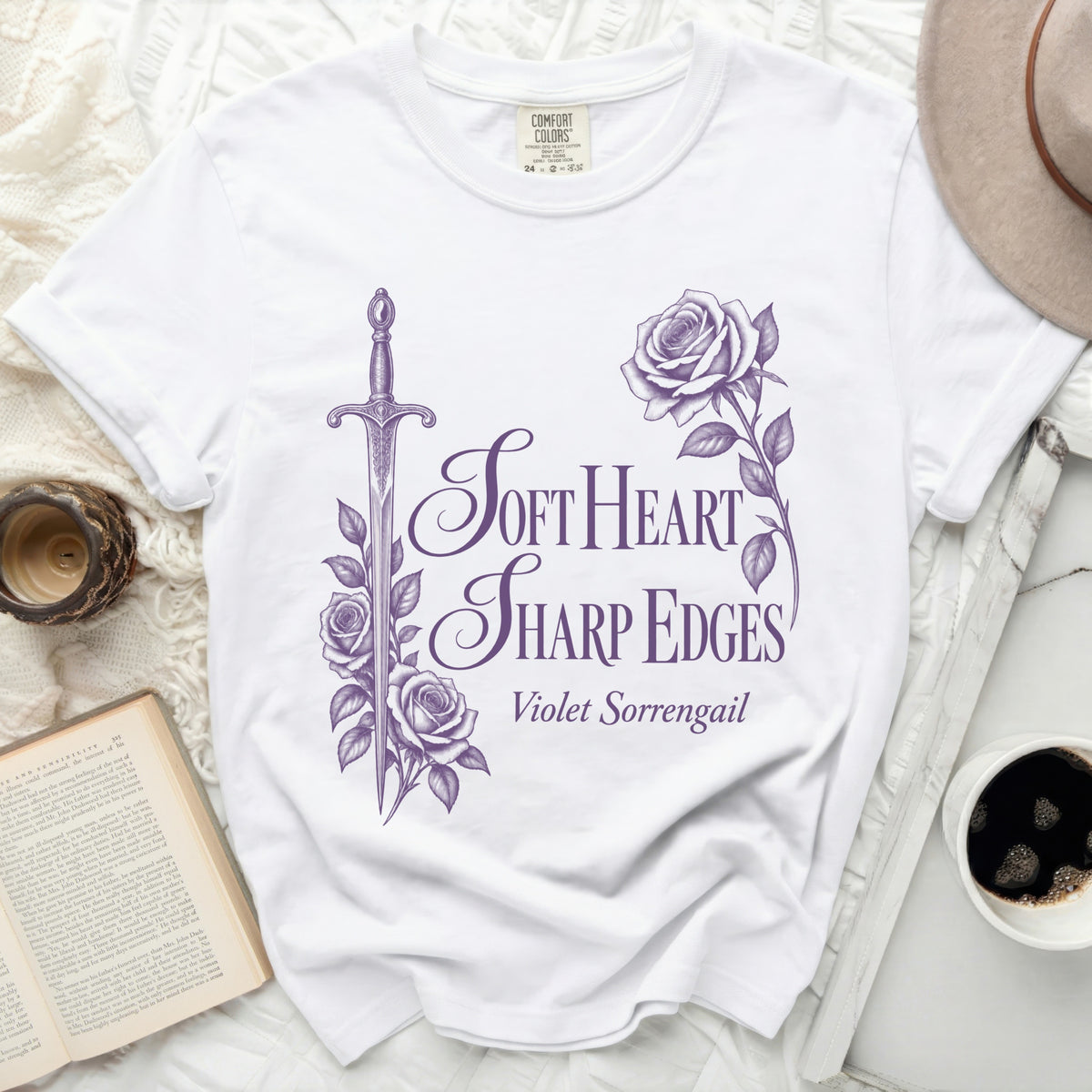 White t-shirt with purple "Soft Heart Sharp Edges Violet Sorrengail" graphic.