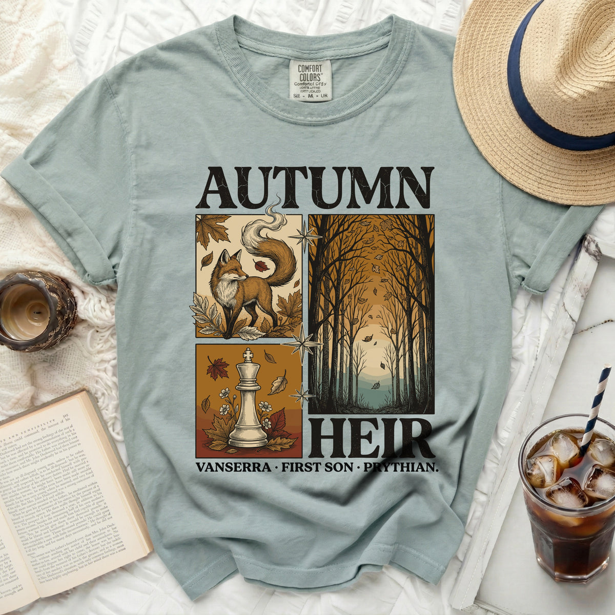 Autumn Heir t-shirt with fox, chess piece, and forest graphics.