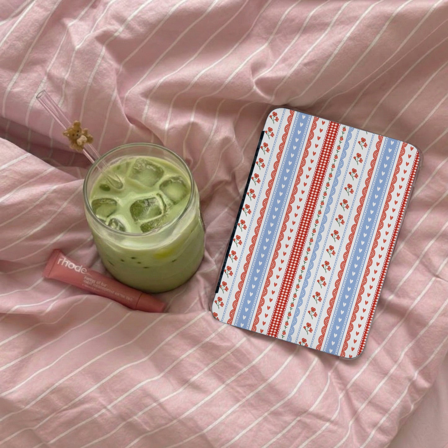 Floral Heart and Stripe Pattern Tablet Cover