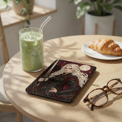 A tablet case featuring a blonde warrior woman with a sword, on a wooden table.
