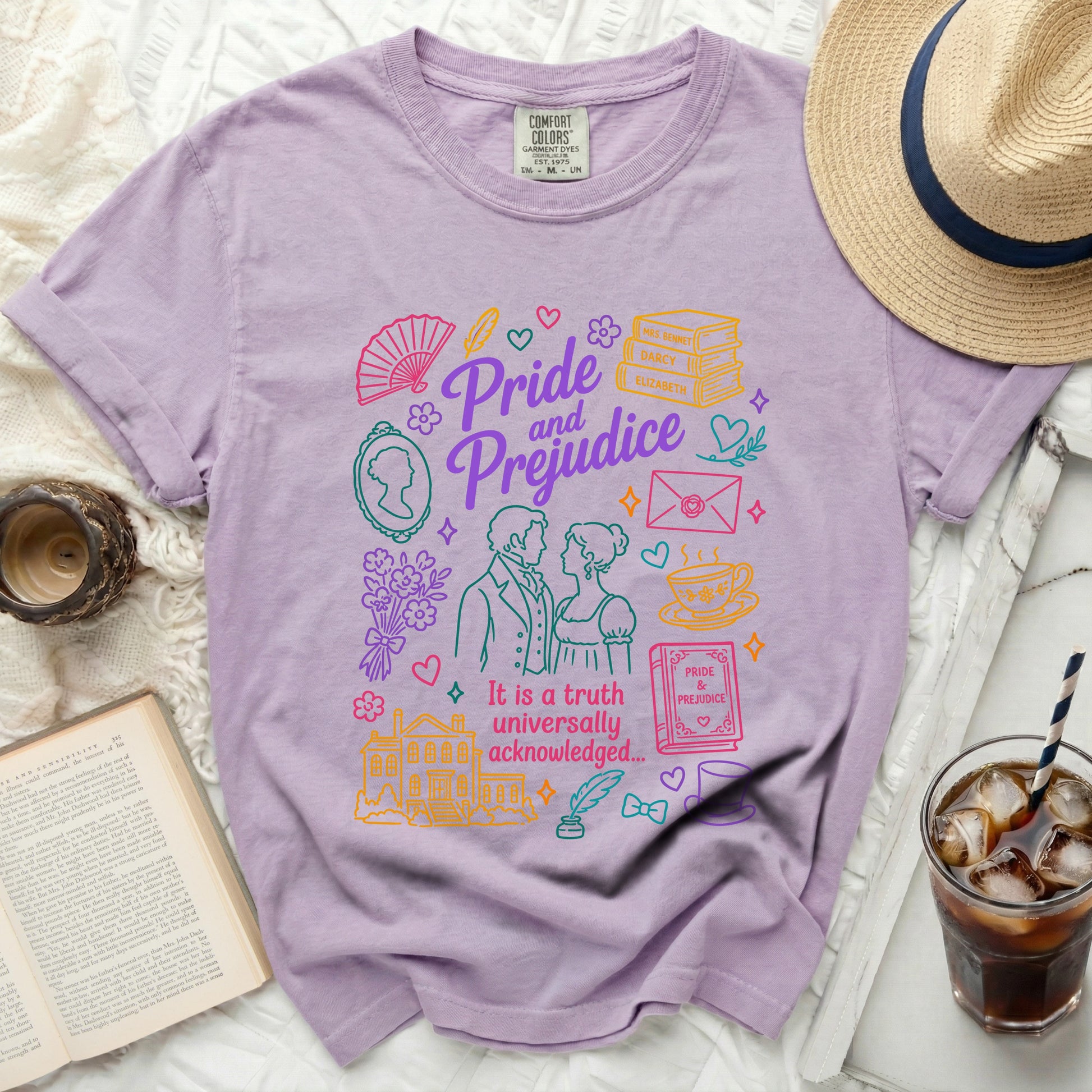 Lavender t-shirt with Pride and Prejudice graphic and quote.