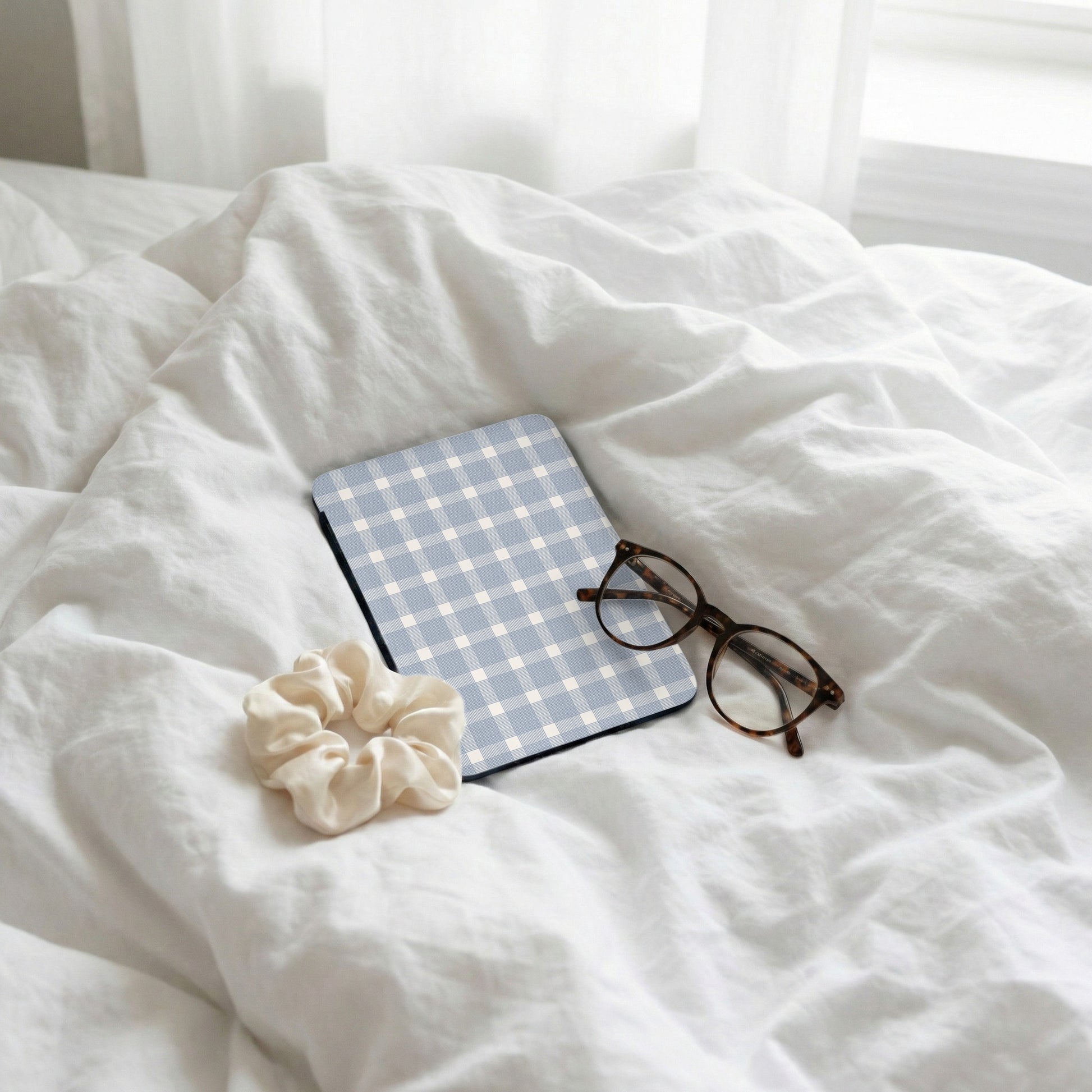 Blue and White Plaid Design on Bed Accessory