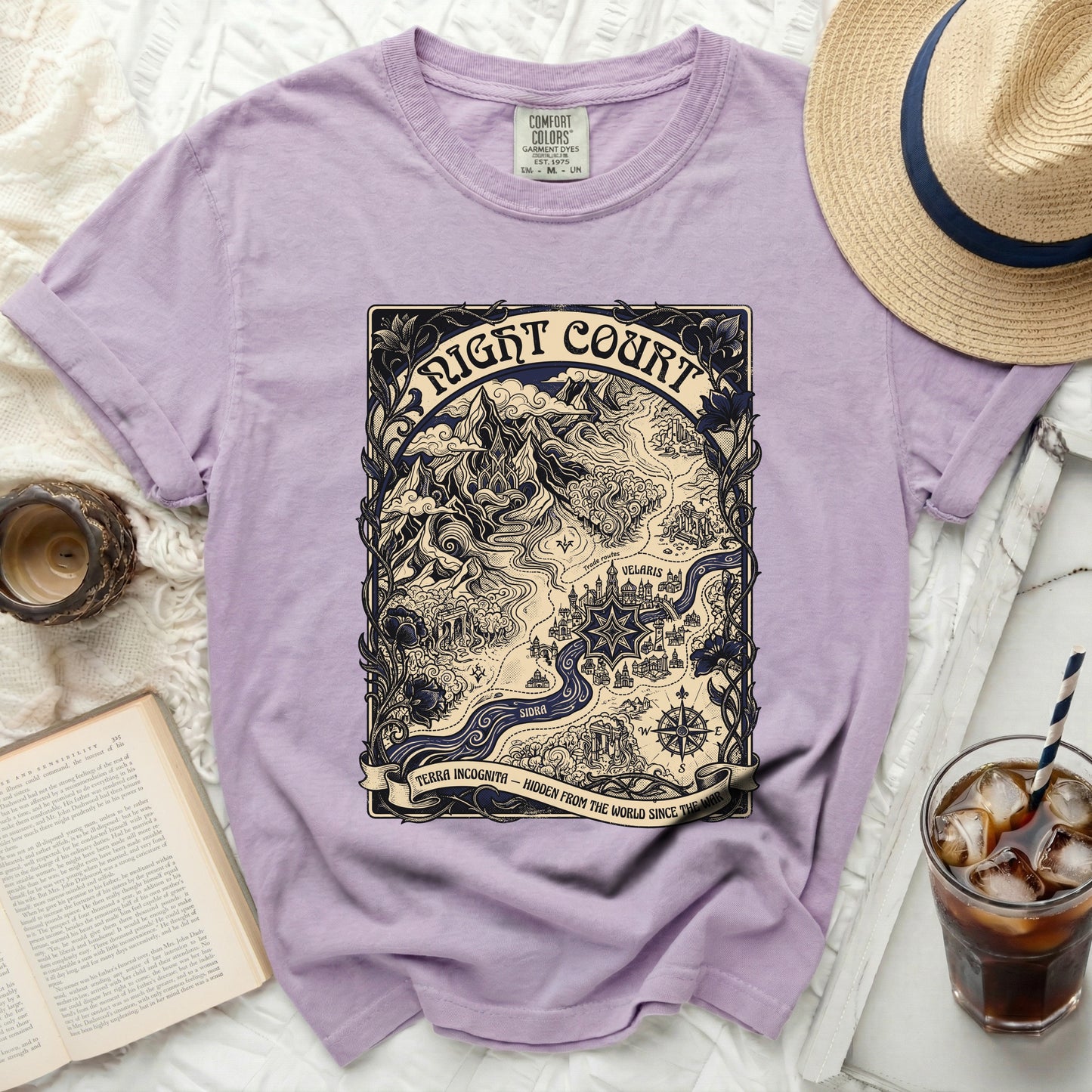 Lilac t-shirt with "Night Court" map design, "Terra Incognita" text.