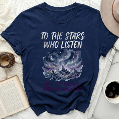 TO THE STARS WHO LISTEN DREAMS ANSWERED T-shirt

T-shirt
Graphic Tee
Apparel
Clothing
Stars Quote
Dreams Quote
Literary Tee
Book Lover
Celestial Design
Night Sky
Galaxy Art
Mountains Print
Nature Theme
Inspirational
Fantasy Style
Dark Blue Shirt
Navy Top
Crewneck
Short Sleeve
Gift Idea