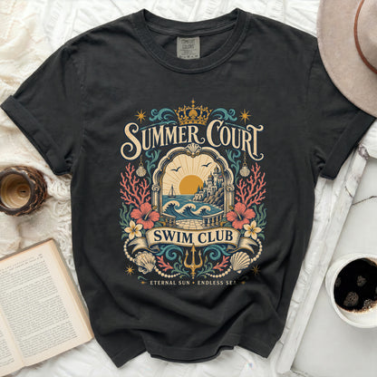 Black t-shirt with a "Summer Court Swim Club" graphic.