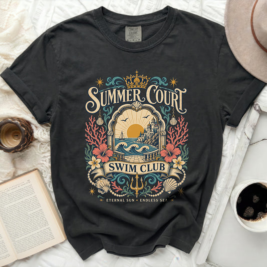 Black t-shirt with a "Summer Court Swim Club" graphic.