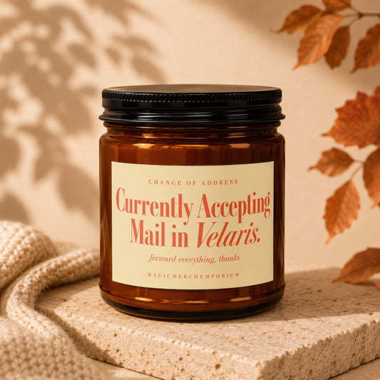 Amber jar candle with "Currently Accepting Mail in Velaris" text.