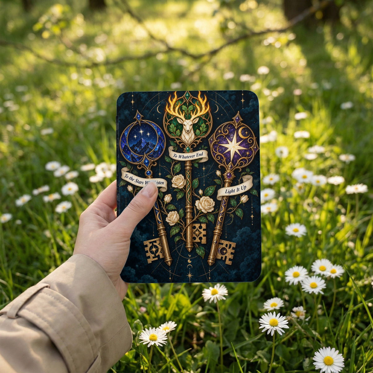 Art print featuring three ornate keys with celestial and floral motifs.