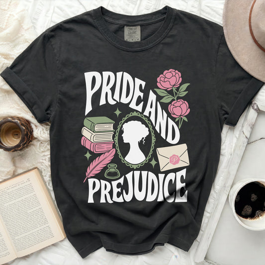 Pride and Prejudice graphic tee with books, quill, and silhouette.