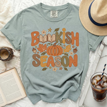T-shirt with "Bookish Season" graphic featuring books, pumpkin, and fall leaves.