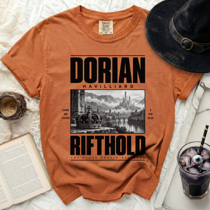 Orange t-shirt with "Dorian Havilliard Rifthold The Glass Castle Sessions" text.