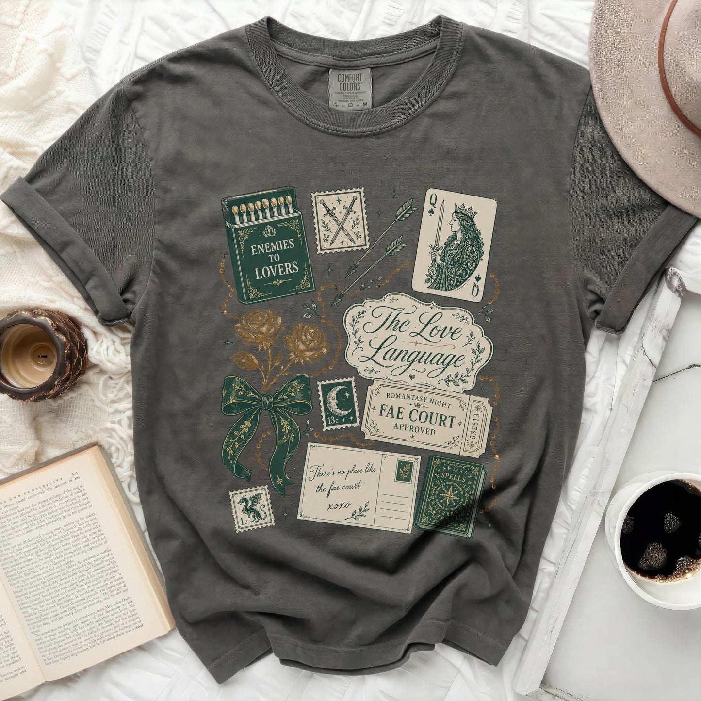 T-shirt with vintage-style "Enemies to Lovers" and "The Love Language" graphic.