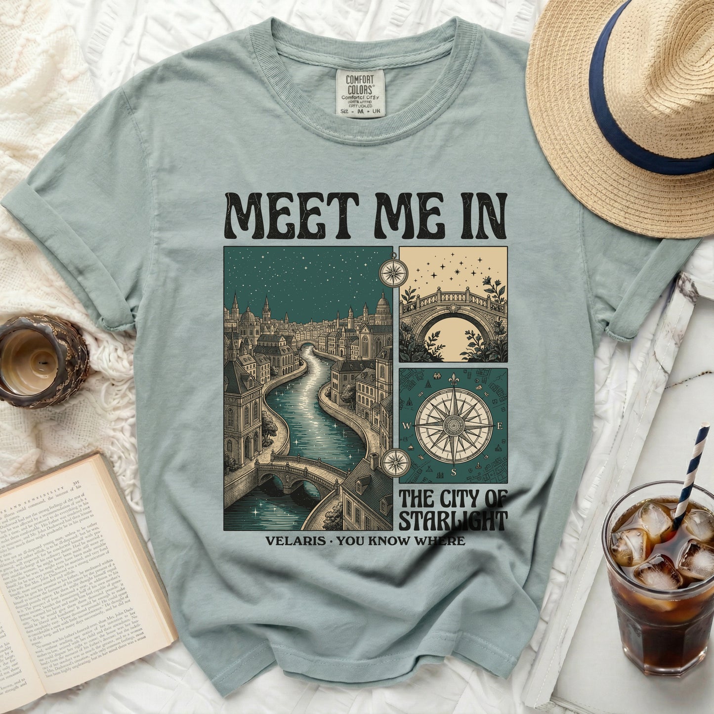 "Meet Me In The City Of Starlight" t-shirt with city canal and bridge graphic.