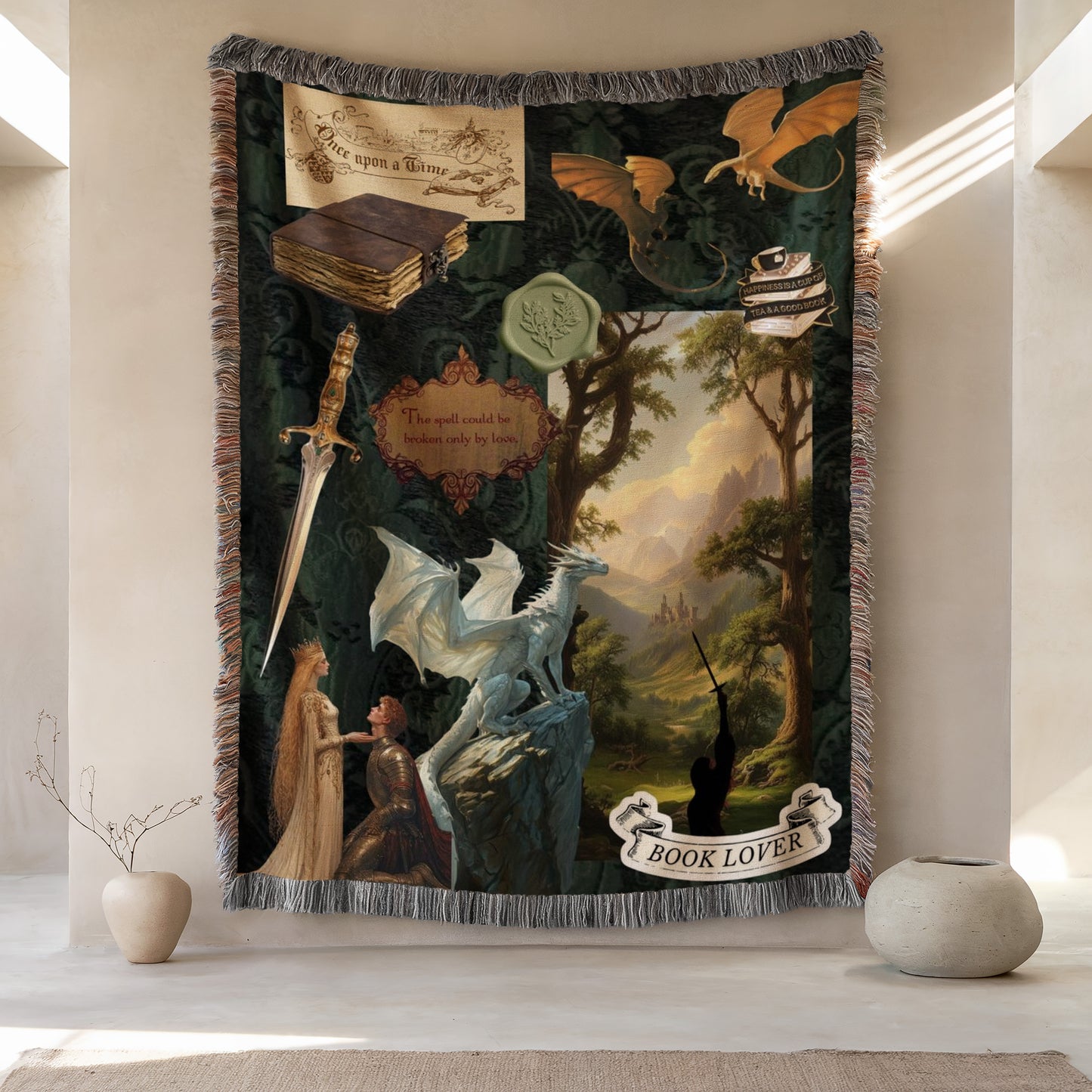 a large tapestry hanging on a wall, depicting a fantasy scene with a dragon, a woman, and a castle.
