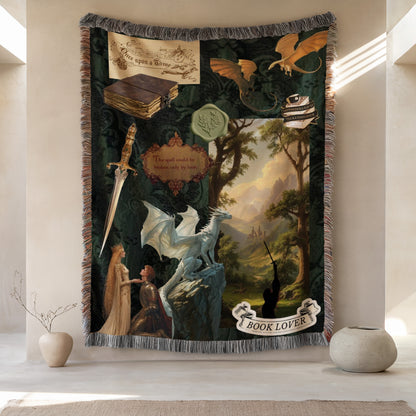 a large tapestry hanging on a wall, depicting a fantasy scene with a dragon, a woman, and a castle.